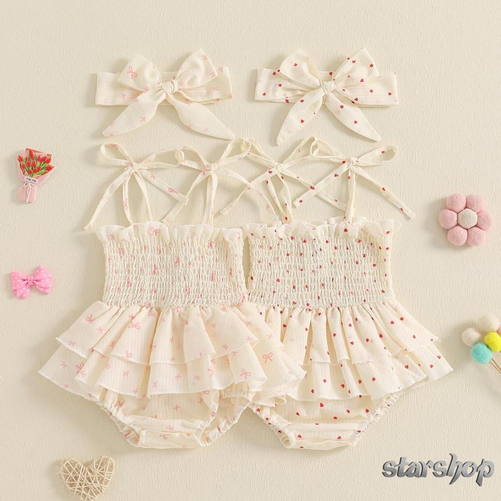 Starshop – Macacão Sem Mangas Com Estampa De Coração Para Meninas Recém-Nascidas E Faixa De Cabelo , Roupas De Verão
