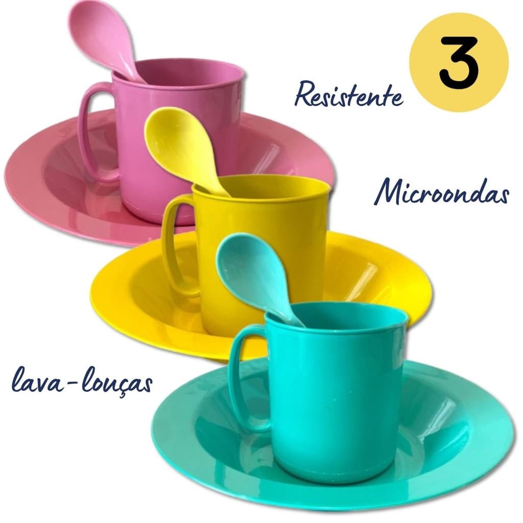 3 kits merenda refeição prato caneca colher rosa verde lanche infantil aniversario cozinha escola