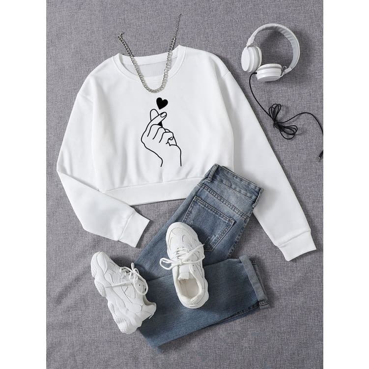 Cropped Moletom Feminino Com Punho Estampado Mão Coreana