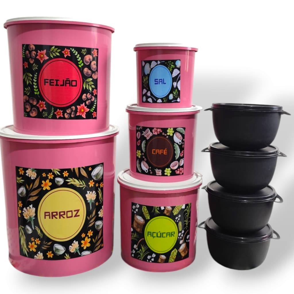 Kit 5 Potes Para Mantimentos Grandes  /5 Potes De Mantimentos + 4 Boll De 1 Litro Bowl