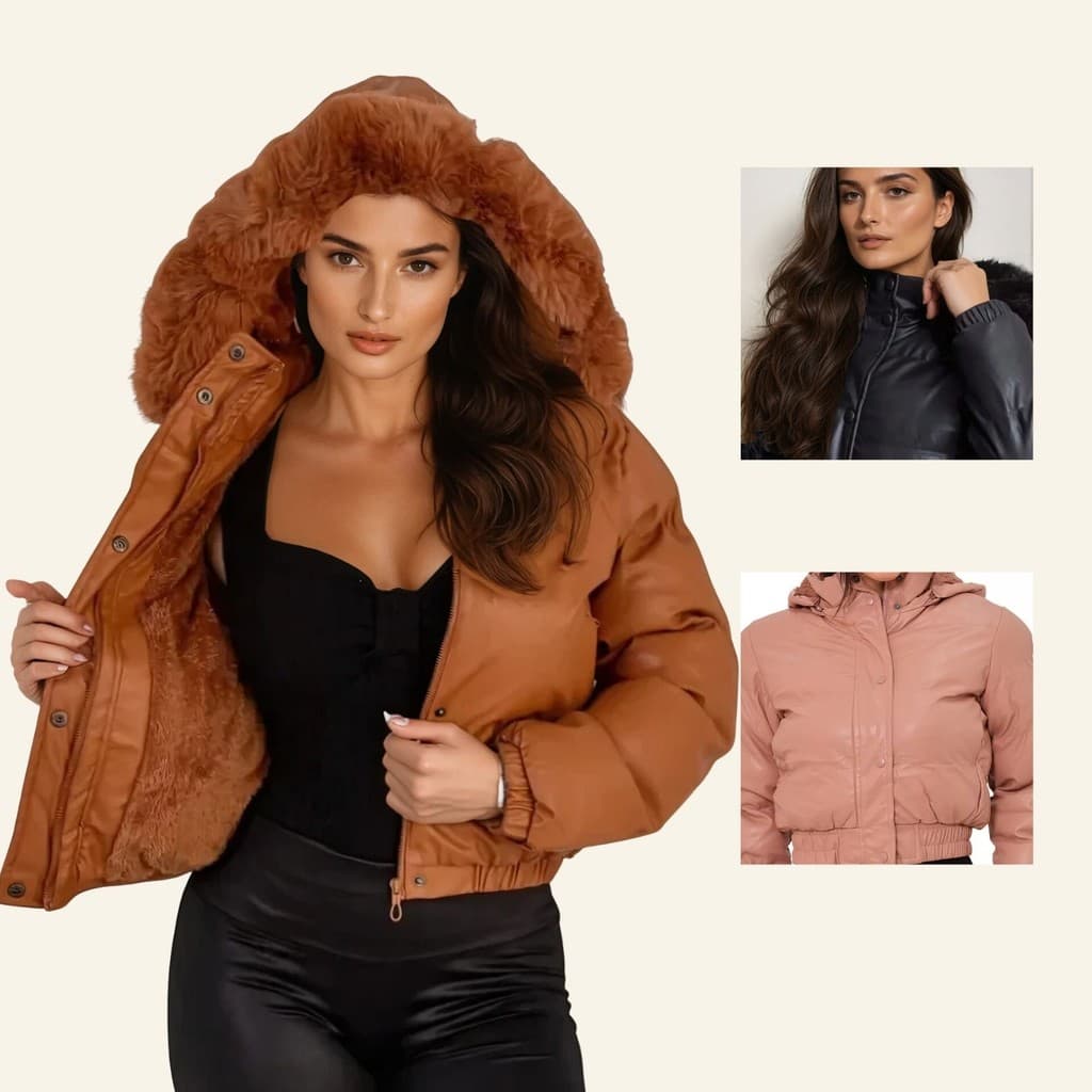 Jaqueta Puffer Cropped Feminina De Couro Forrada Pelinhos Inverno Com Capuz