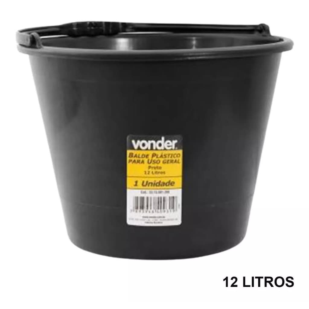Balde de plástico extra forte com alça 12L com pegador Vonder cor preto