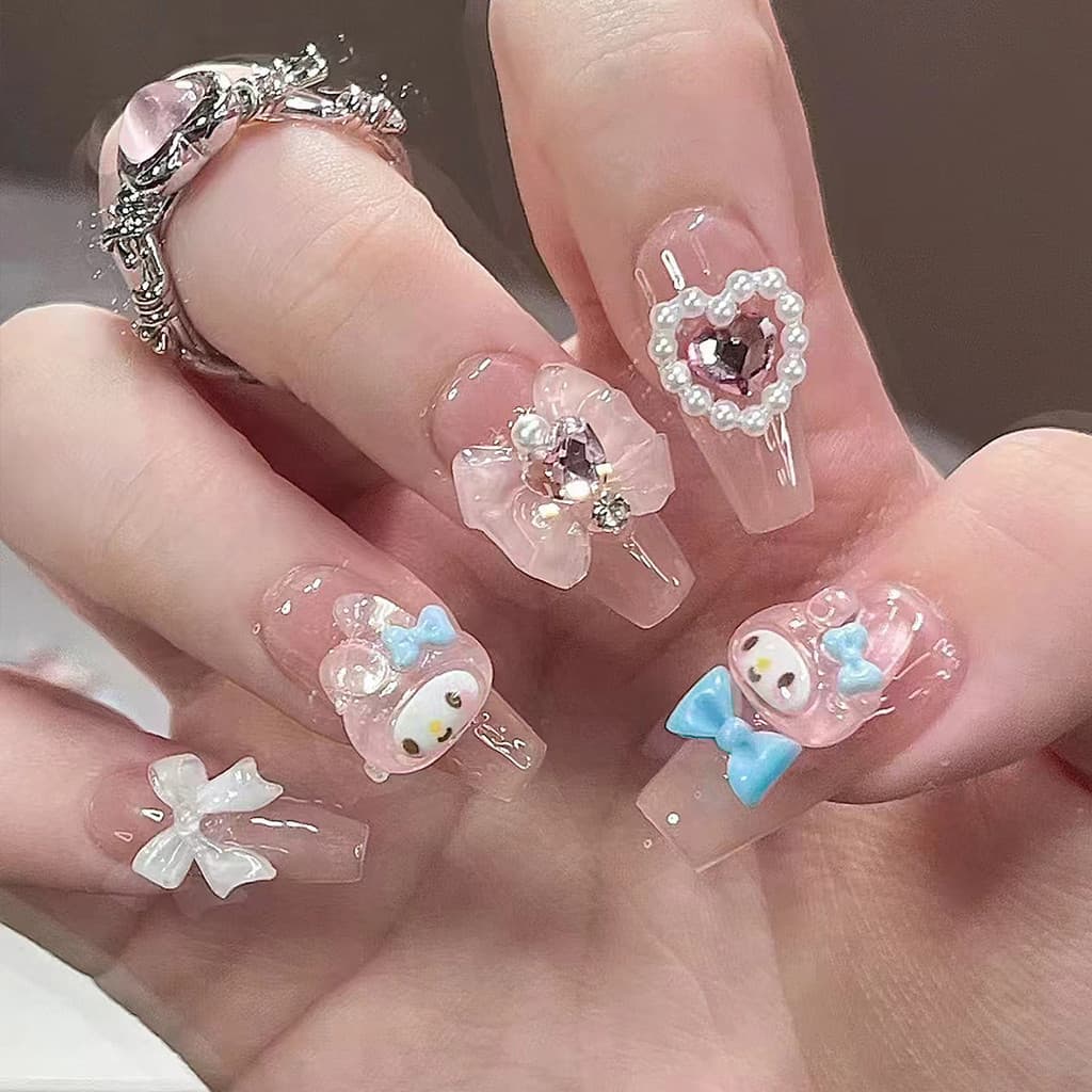 24Pcs Unhas Postiças Nude Coffin 3D Kawaii Coração Laço Médio Unhas Falsas Francesas Ballerina Acrílicas