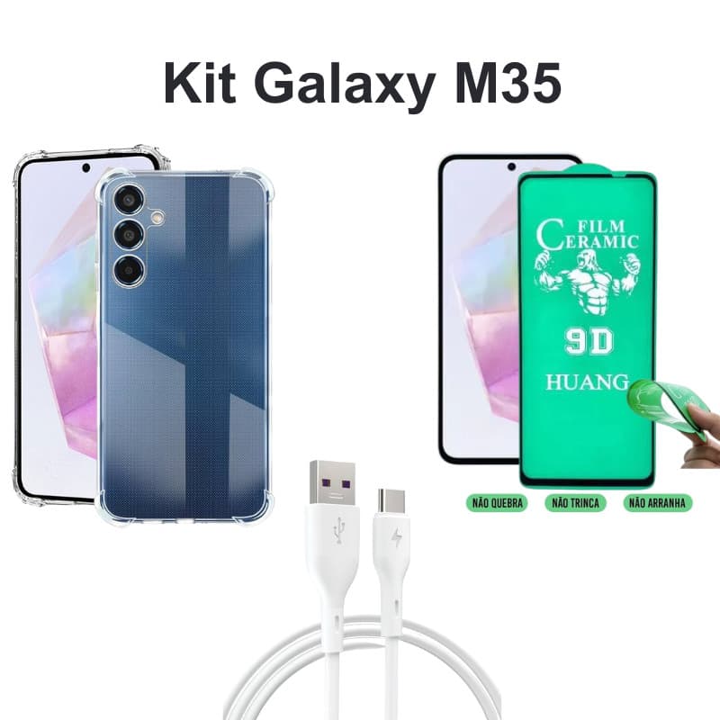Kit Capa Transparente + Película de Cerâmica + Cabo USB Tipo C para Samsung Galaxy M35