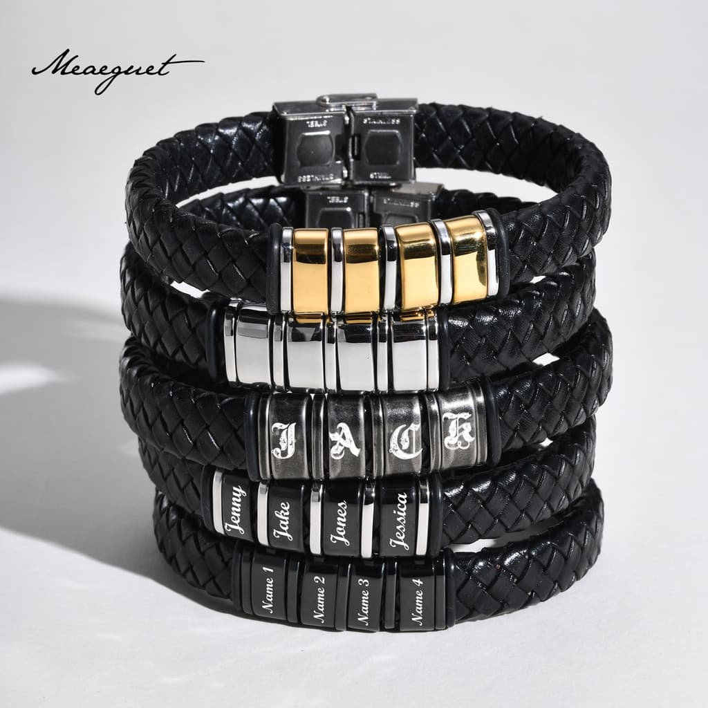 Meaeguet Pulseira De Couro Com Nome Personalizado Para Homens , Punho Trançado De Aço Inoxidável Fecho Presente De Joias