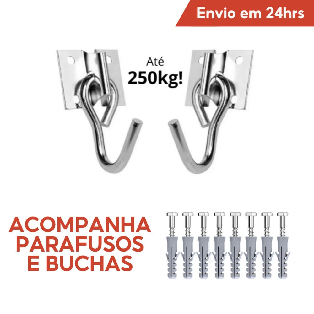 Kit Gancho Armador De Rede De Balanço Descanso Reforçado Aço Cromado Suporte Parede Parafuso e Bucha