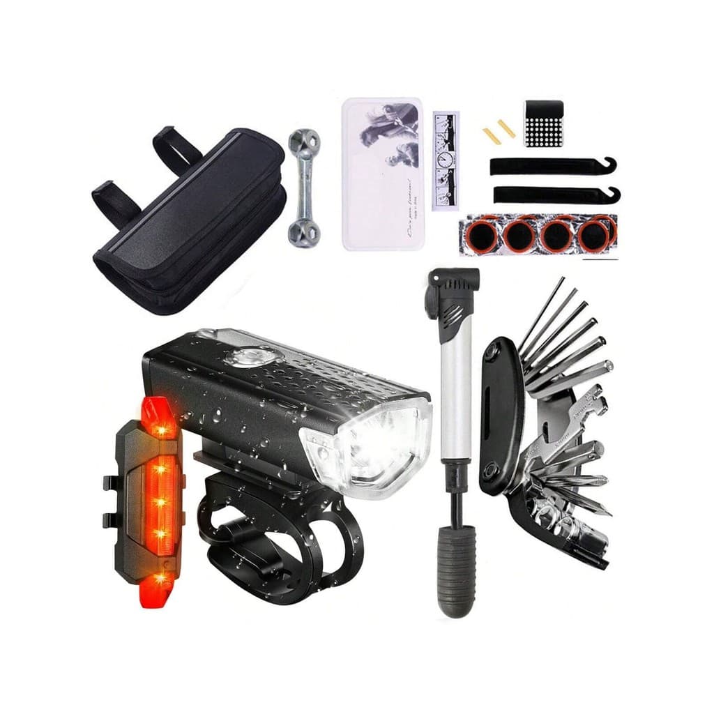 Farol Bike Luz Led Usb 300 + Traseira Recarregável + Estojo de Ferramentas  Chaves Multiuso Bomba De Inflar Pneu Remendo