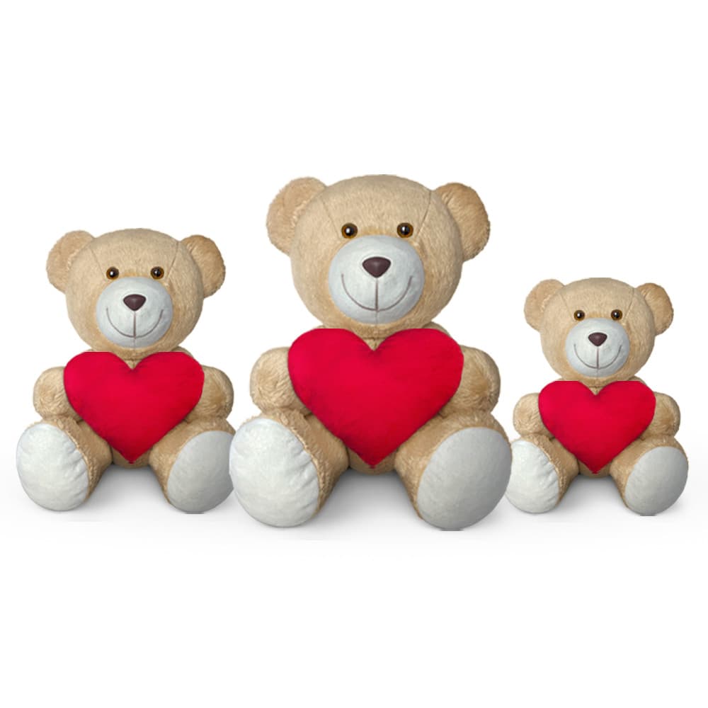 Trio De Ursinhos De Pelúcia Com Coração Antialérgico Amor - 15, 20 e 25cm