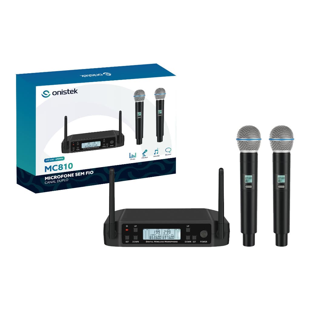 Microfone Sem Fio Duplo Uhf Dinamico Tela Digital 50 Canais Cor Preto