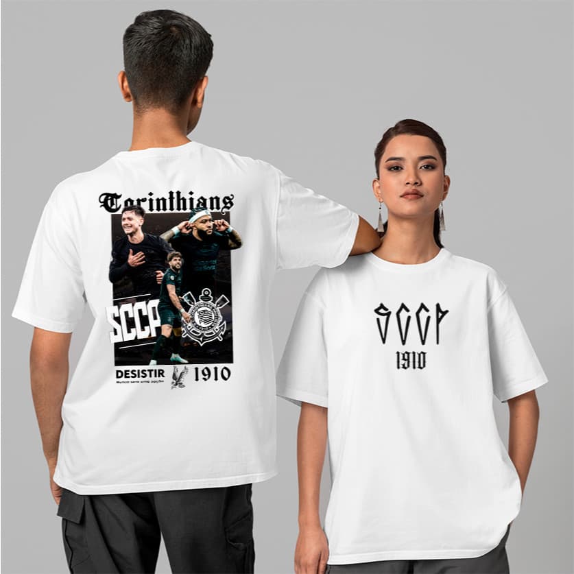 Camiseta unissex frente e costas torcida preta e branca algodão premium do infantil ao GG adulto