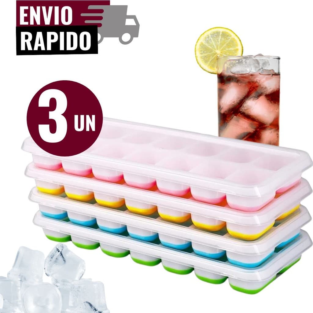 Kit 3 Forma de Gelo Silicone Com Tampa Rígida Fundo Flexível Lavável Retangular 14 Cubos Multiuso