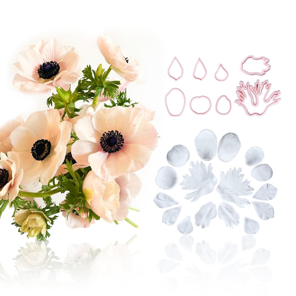 KALAIEN 10 peças Molde de Silicone para Flores de Anêmona e Pétalas, Conjunto de Cortadores de Plástico e Lâminas, Decor