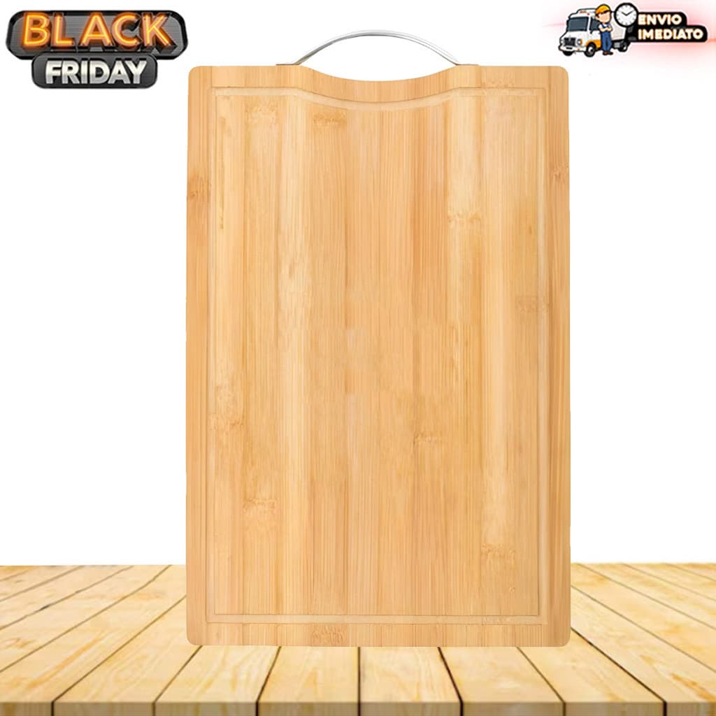 Tábua de Carne Madeira Bambu com Alça Inox – Ideal para Cozinha, Carne, Legumes e Frutas