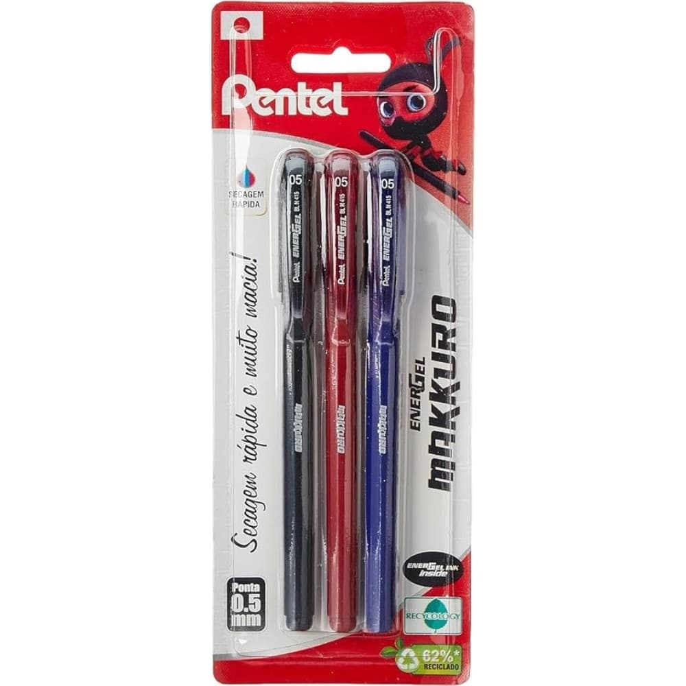 Caneta Gel Pentel EnerGel Makuro 0,5mm Kit Com 3 Cores (Preto/Azul/Vermelho) BLN415-ABC