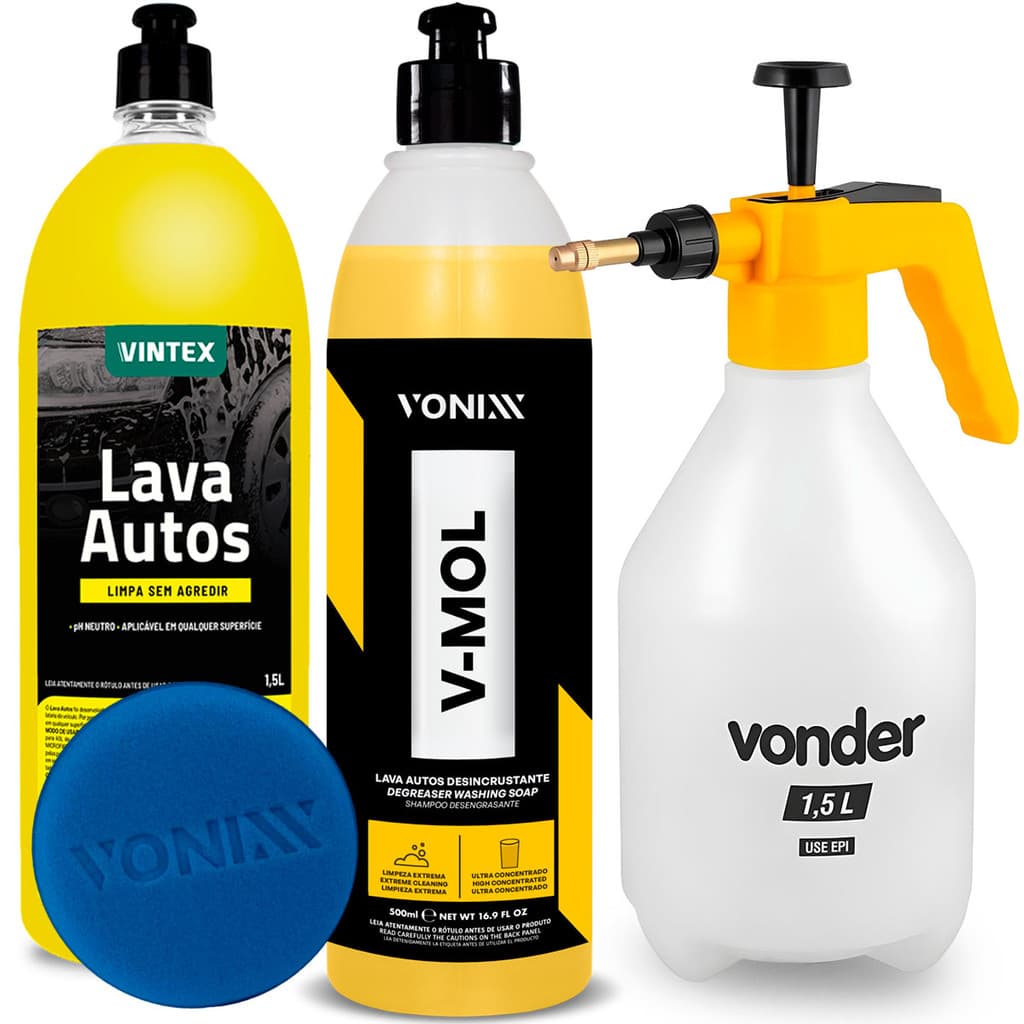 Shampoo Automotivo Vonixx V-Mol 500ml + Shampoo Lava Autos Vintex + Pulverizador Manual 1,5 Litros Compressão VONDER