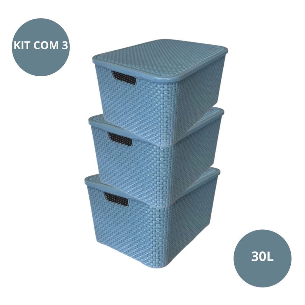 Kit 3 Caixas Organizadoras Modelo RATTAN Cesto Tampa Multiuso 30L