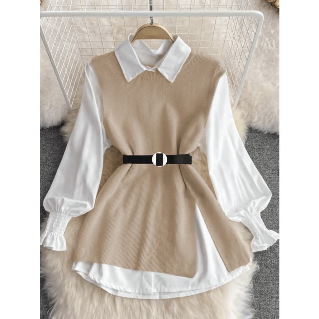 Liu Fashion 2 peças/Conjunto Colete Com Manga De Lanterna Branca de Primavera e Colete De Malha De Ajuste Solto