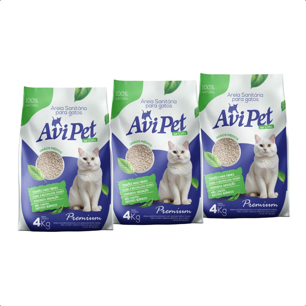 Kit 03 Areia Para Gato Avipet Grãos Médios 4Kg