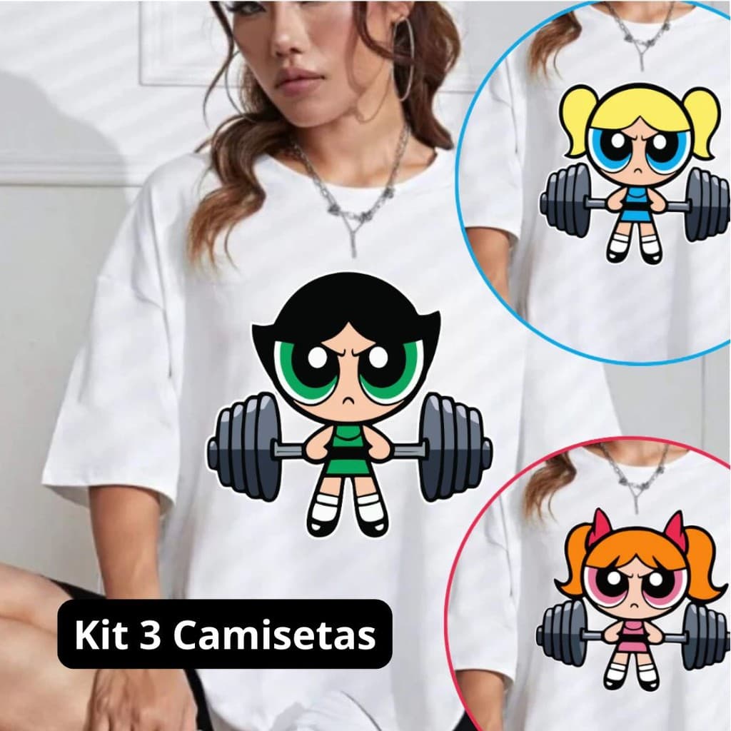 Kit 3 Camiseta de Academia Feminina Oversized Super Poderosas 100% Algodão