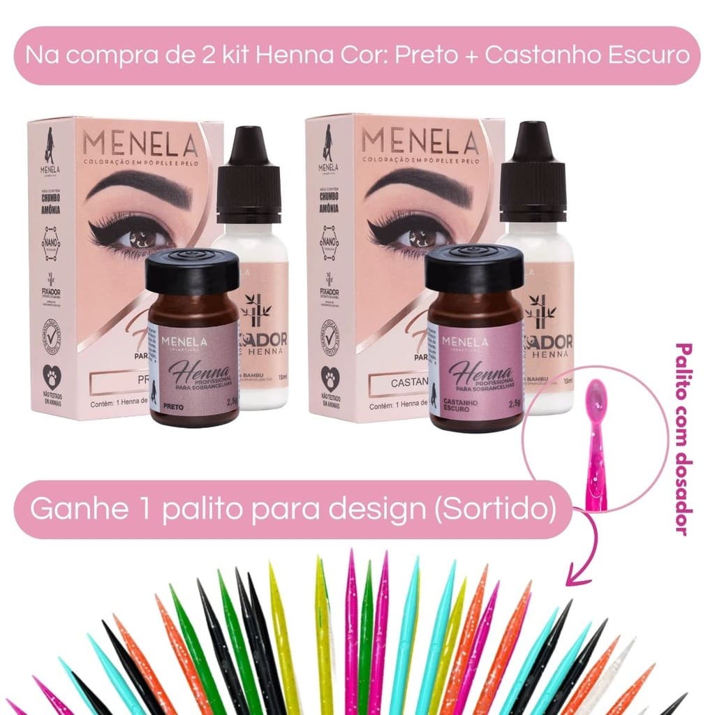 Kit 2 Henna Menela Preto + Castanho Escuro + Palito Para Design De Sobrancelhas (Sortido)