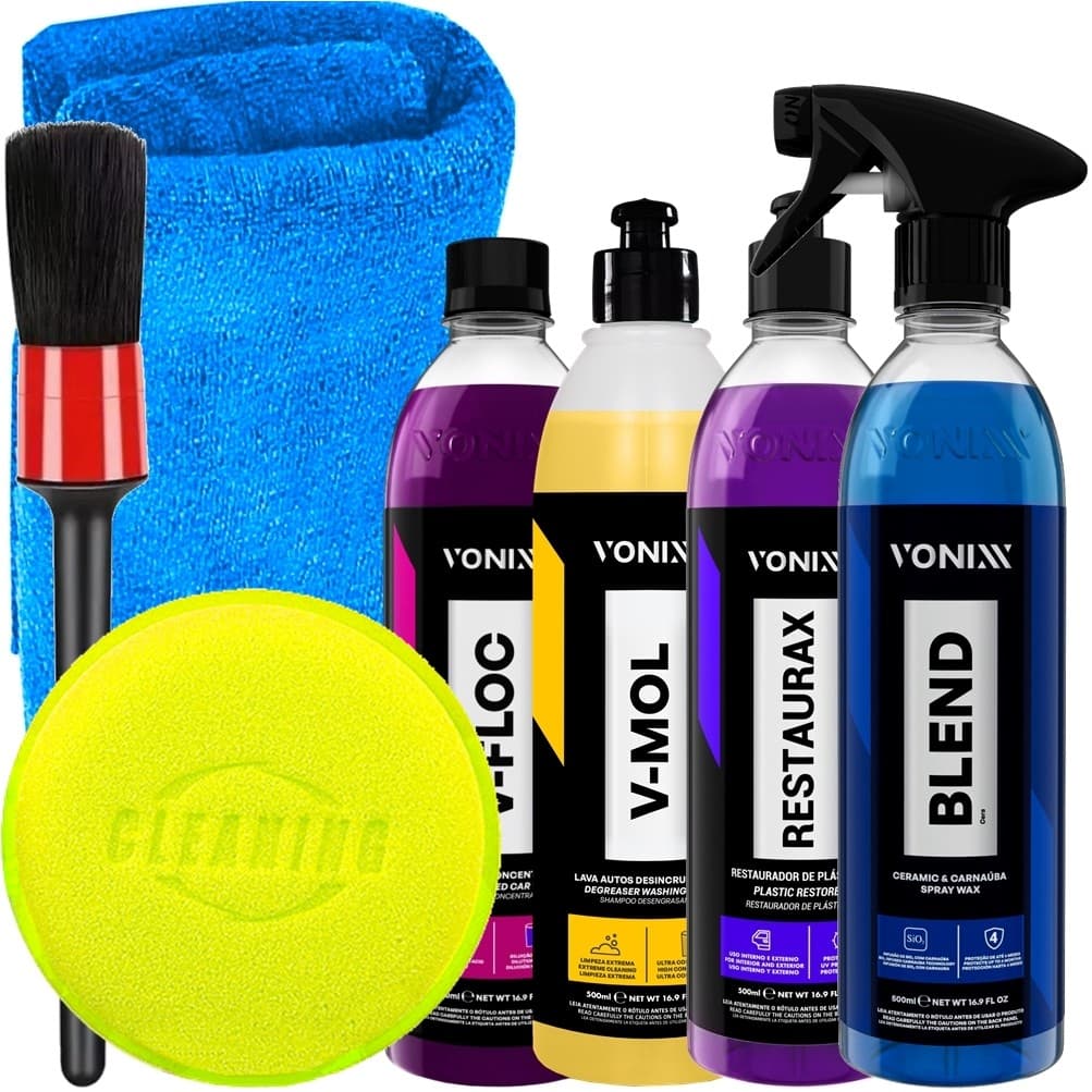 Kit Lavagem Automotiva Shampoo Tira Barro V-Mol Cera Blend Restaurax Shampoo Neutro V-Floc Vonixx e Acessórios Karbox