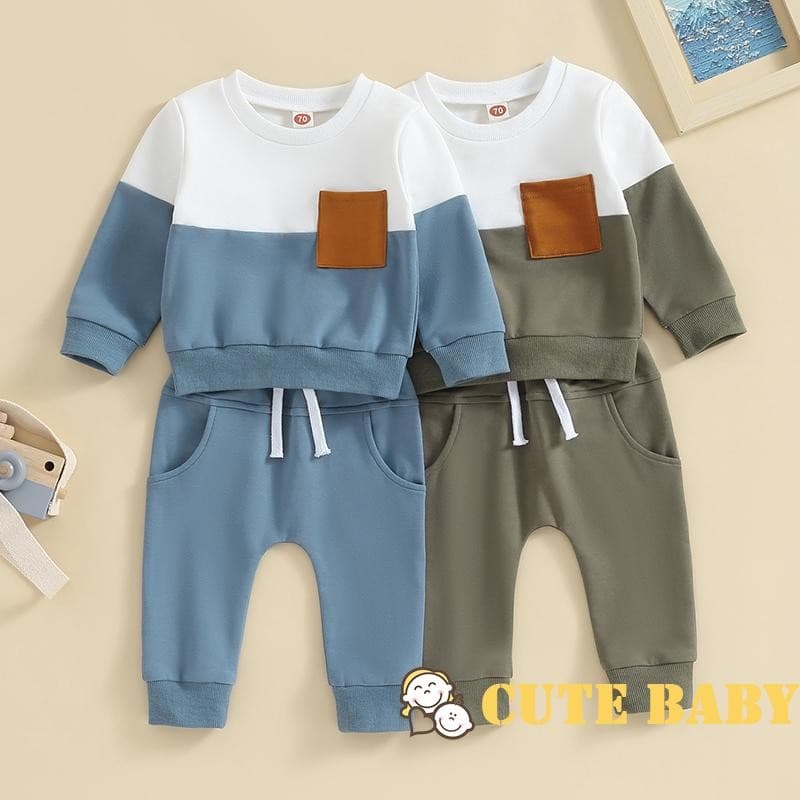 Conjunto de 2 Peças para Bebês Meninos, Moletom de Manga Comprida com Contraste de Cores e Calças Compridas,0-3 Anos