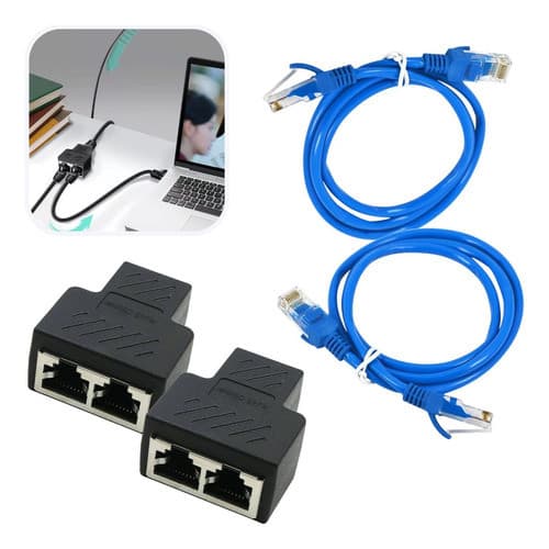 Adaptador 2x1 Sinal Duplo Duplicador Fêmea Rj45 LAN Internet + 2x Cabos de Rede 3 Metros Kit Montado