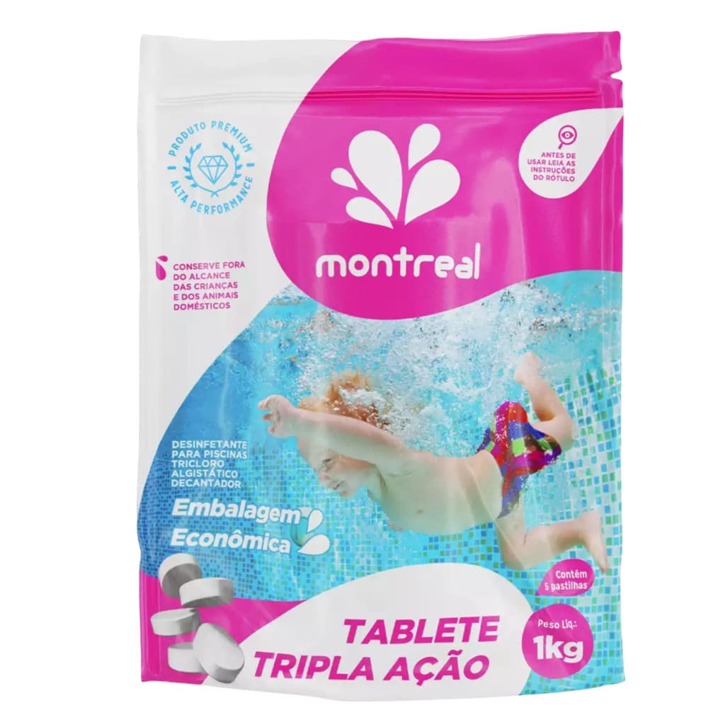 KIT 5 PASTILHA CLORO TABLETE PARA PISCINA TRIPLA AÇÃO SECO MONTREAL
