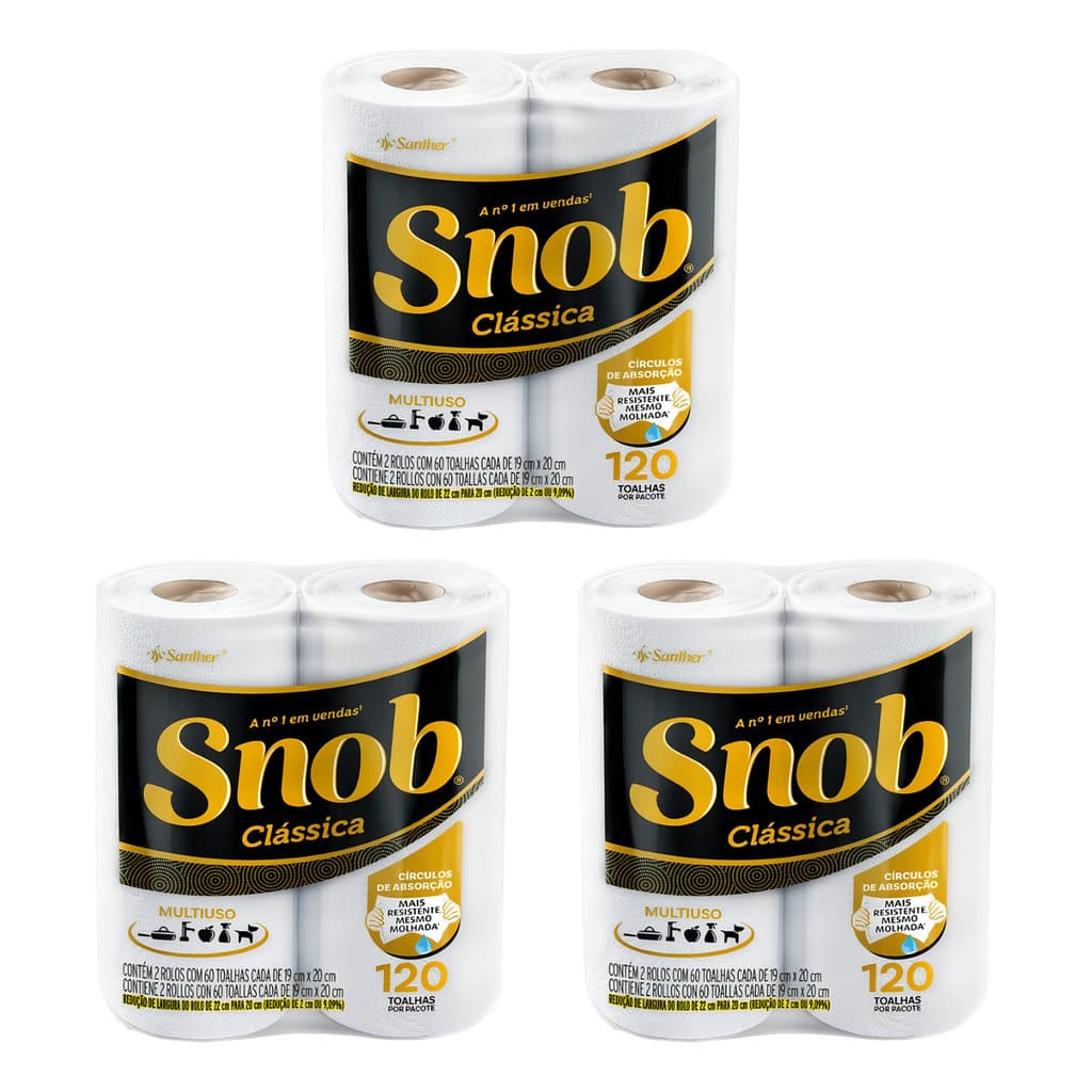 3 Unid. Papel Toalha Snob Folha Dupla 22cm Pct. 2x60 Folhas