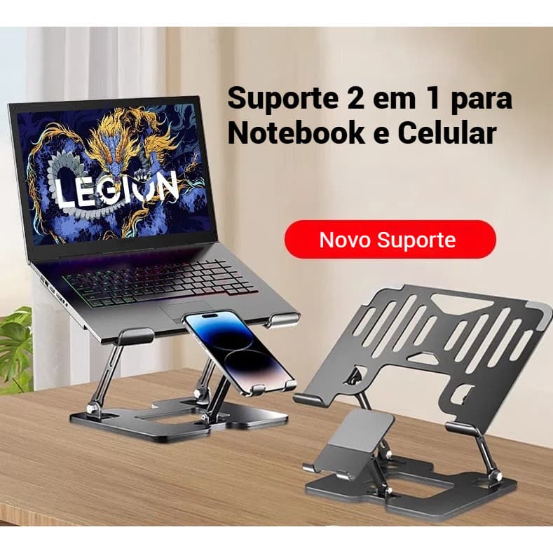 Suporte 2 em 1 para Notebook e Celular，Dobrável com design que favorece o resfriamento, Aço Carbono,Preto e Prata