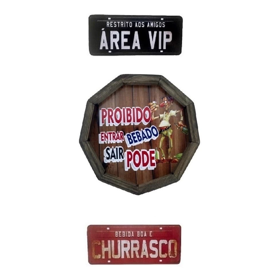 1 Quadro Rústico Tampa Barril + 2 Placas Decorativas estilo para sua área de churrasqueira