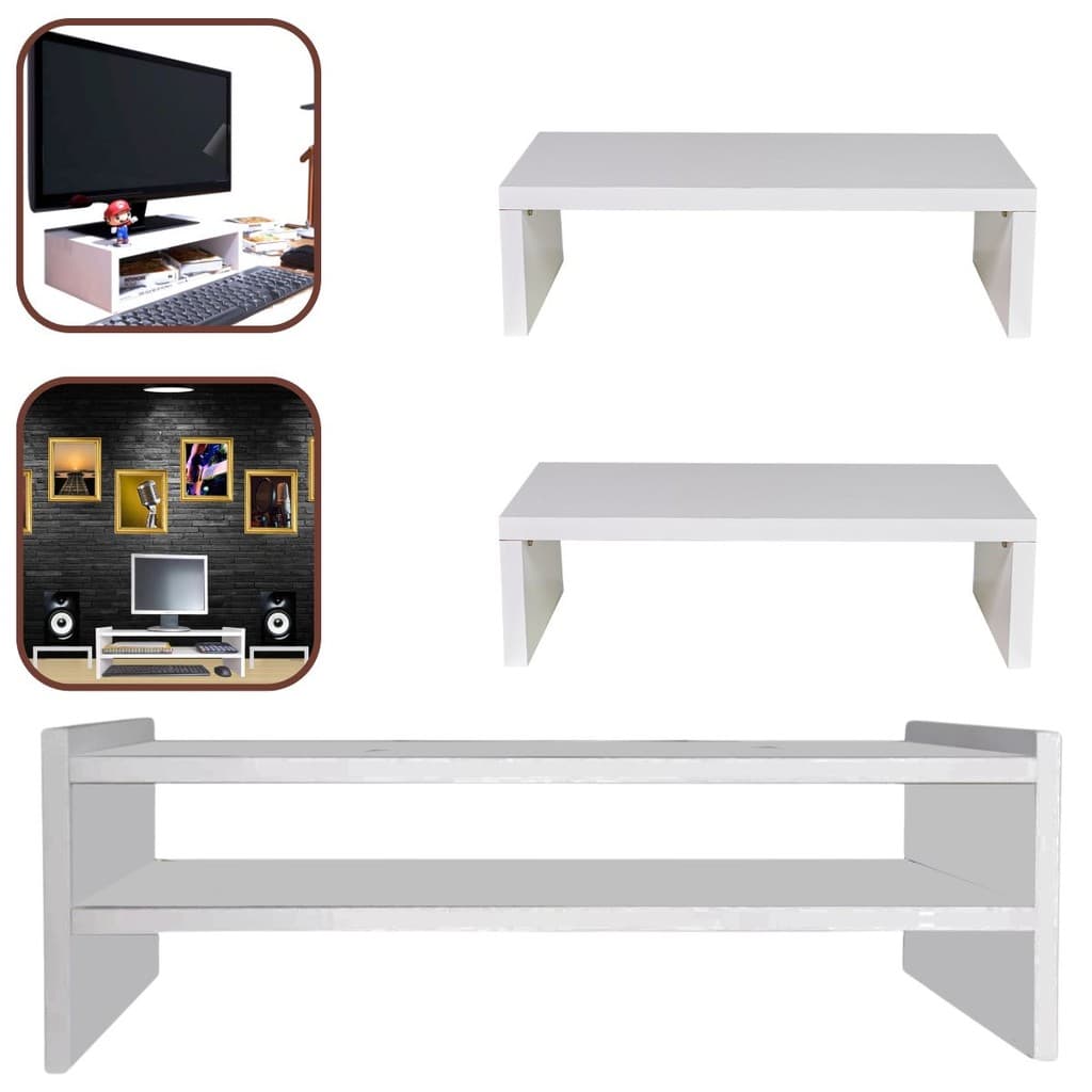 Kit 1 Suporte Monitor  Duplo 20x60x20cm + 2 Suporte Monitor 10x35x20cm MDF Branco