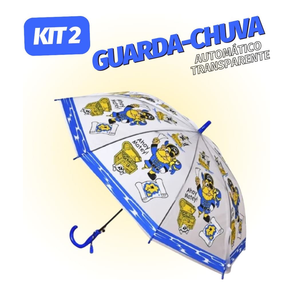 Kit 2 Guarda Chuva Infantil Transparente Automático Pirata
