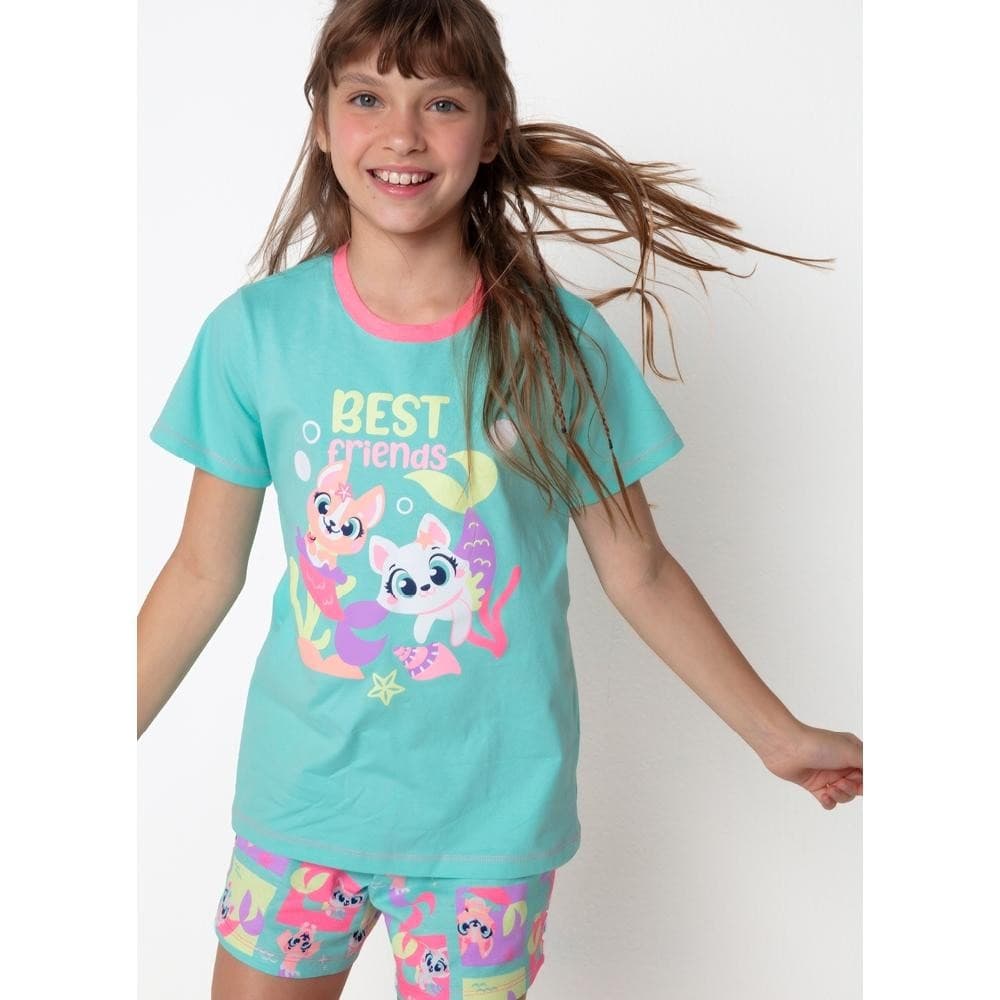 Pijama Manga Curta Algodão Menina Teen Pet Sereia - Puket