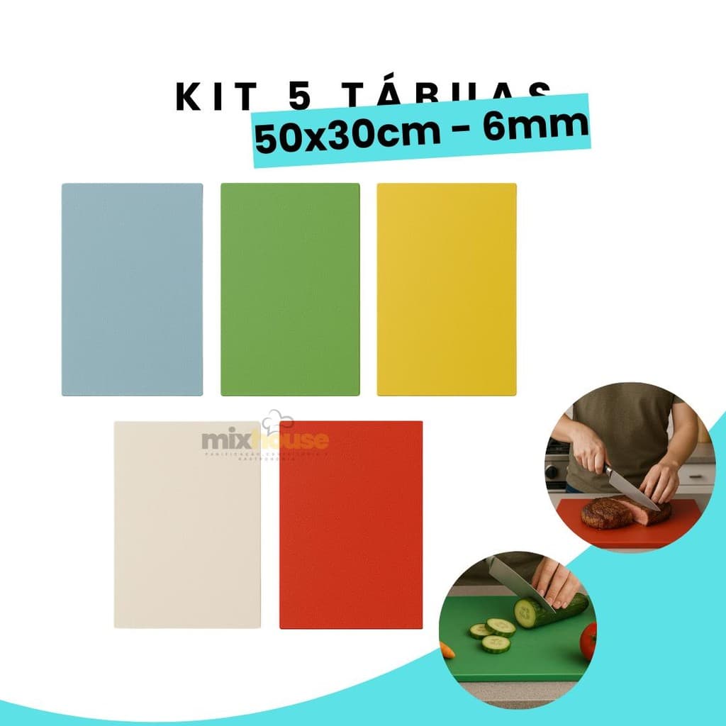 Kit De 5 Tábuas De Corte Profissional Polietileno 50X30 6MM Antibacteriana Carnes Legumes Peixes Pao