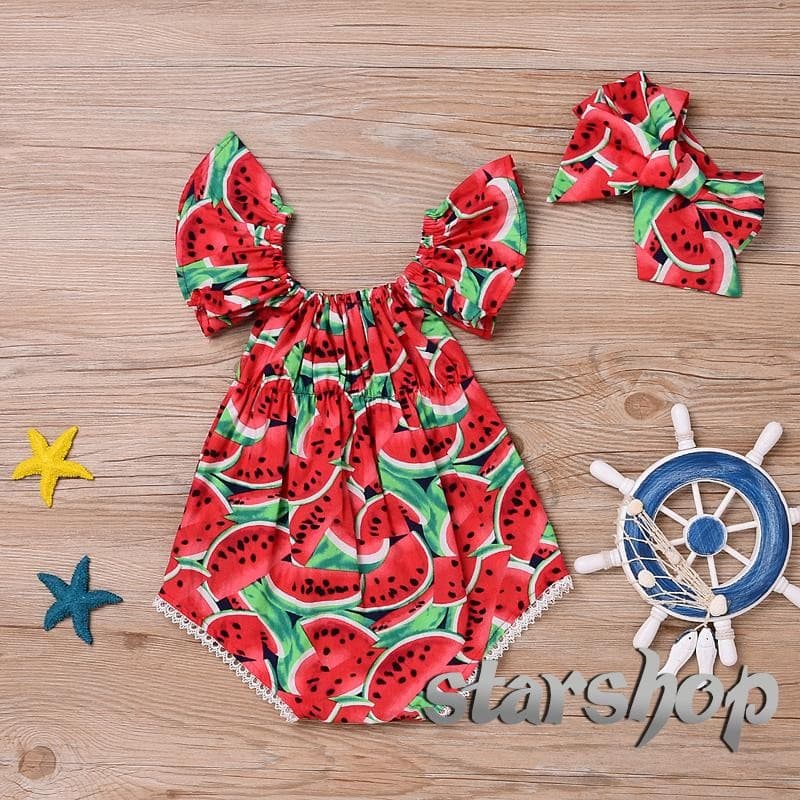 Starshop-Macacão Infantil Com Estampa De Melancia E Babados , Roupas De Verão Sem Mangas Faixa Para Cabeça