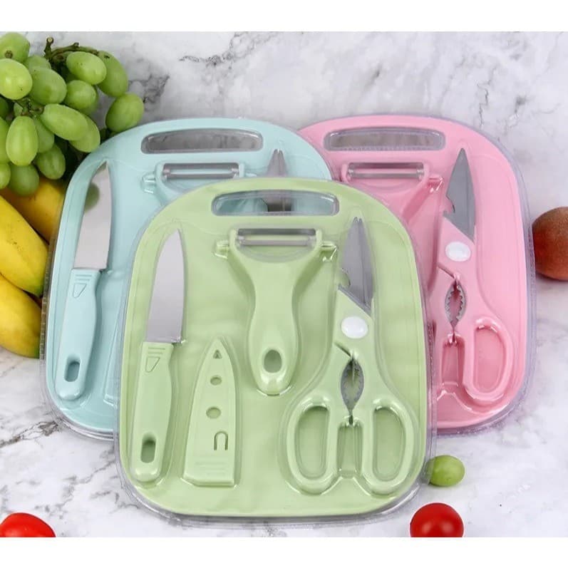 Kit De Utensílios De Cozinha 4 Peças - Faca Tesoura Descascador Tábua Culinária - sunshine