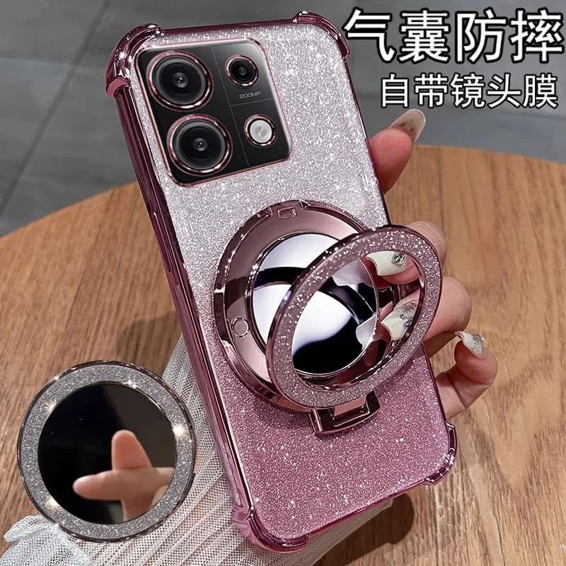 Para Redmi Note 14 13 12 Pro 14C 13C Plus Quatro Cantos Anti-Choque Chapeamento Caso Espelho De Maquiagem Suporte Capa