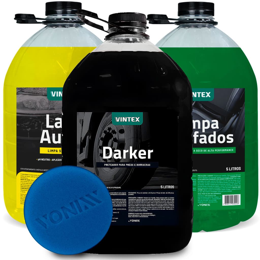Shampoo Automotivo Lava Auto 5l + Limpa Estofado 5l + Darker 5l Limpeza Automotiva Vintex Vonixx