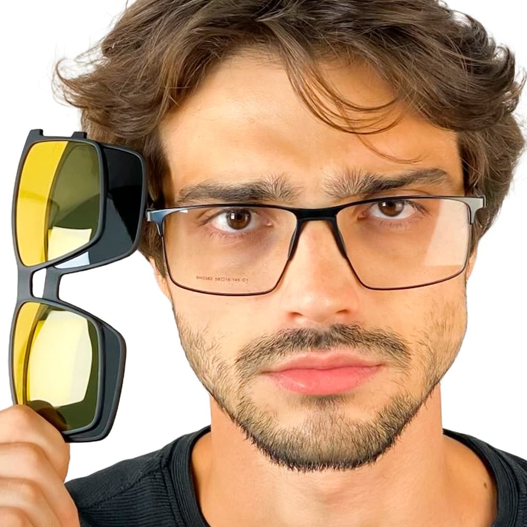 Armação De Óculos Masculino  Com Clipon 3 Em 1 Polarizado/ Night Driver Metal Cm280