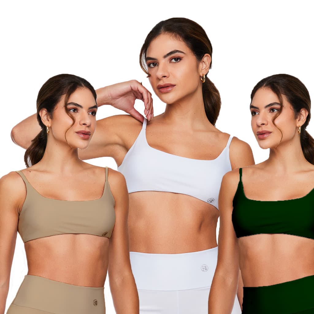 Kit 3 Tops Faixa Branco/Militar/Bege Feminino Academia Treino Costas Nuas Aberta Bojo Removível Yoga