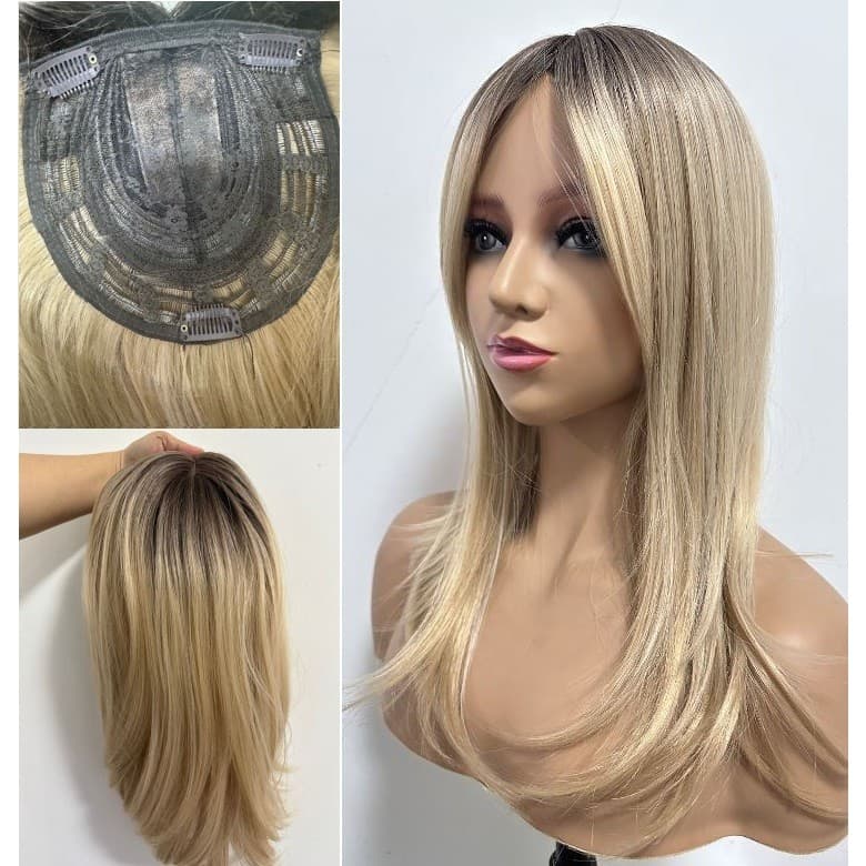 Artigo decorativo topo topper de Cabelo Base 16×16cm Grampo Sintético Liso Resistente ao Calor Ombre Marrom‑Loiro 45cm