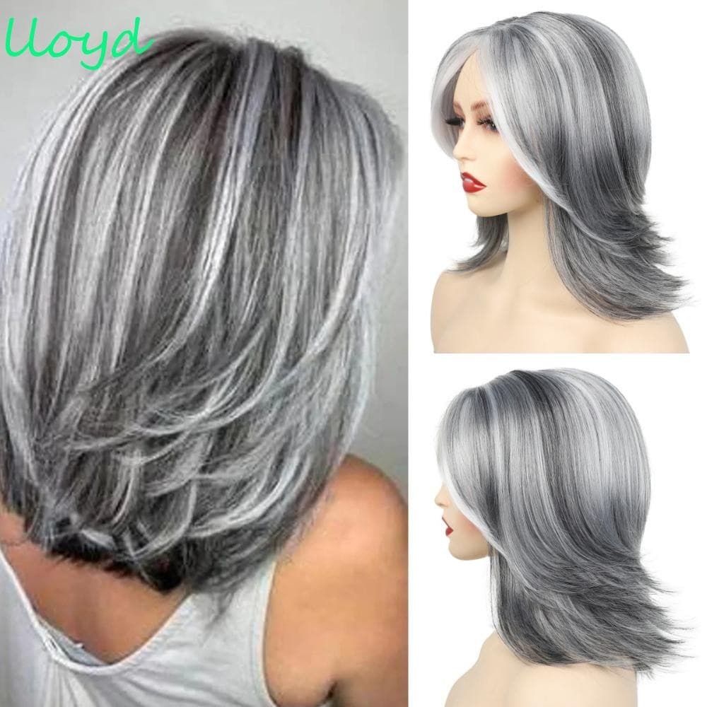Peruca Bob Em Camadas Retas LLOYD , Perucas Falsas Ombre Cinza Escuro Com Franja Femininas Para Mamãe