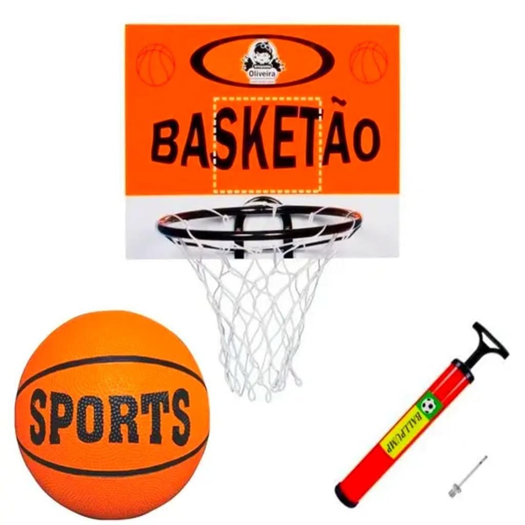 Kit Cesta Completo Cesto Basquete Mdf Aro Tamanho Oficial + Bola + Bomba de Encher