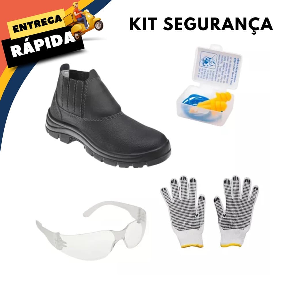 Kit Trabalho Botina Vulcaflex Marluvas Protetor Auricular Plug Óculos Proteção Luva Pigmentada EPI Segurança
