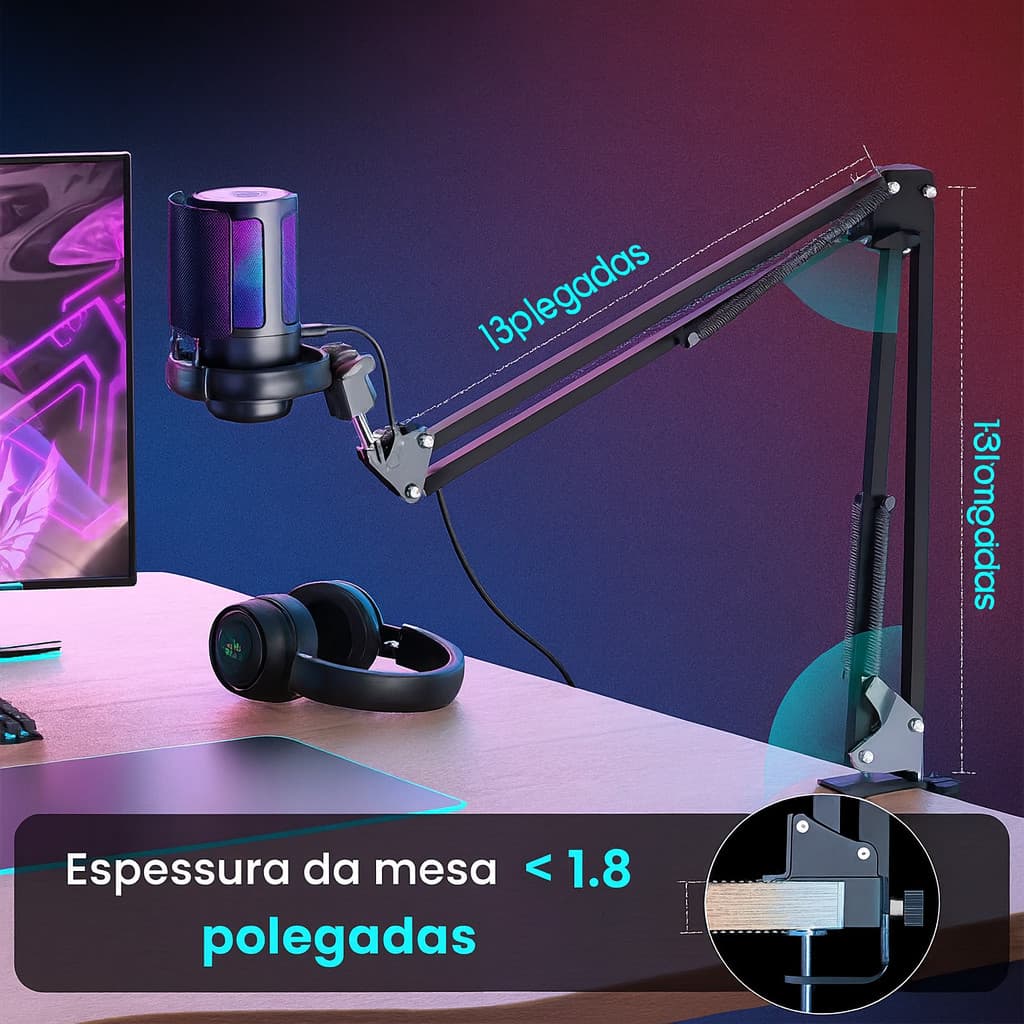 Microfone Condensador Gamer Live Led Rgb Braço Articulado