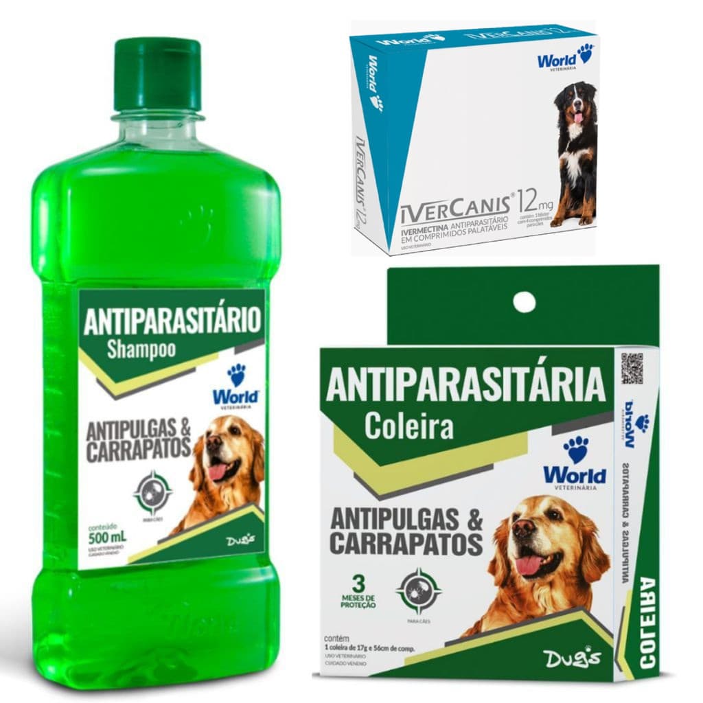 Kit Coleira Anti pulga e Carrapato + Shampoo + Ivercanis 12 mg World