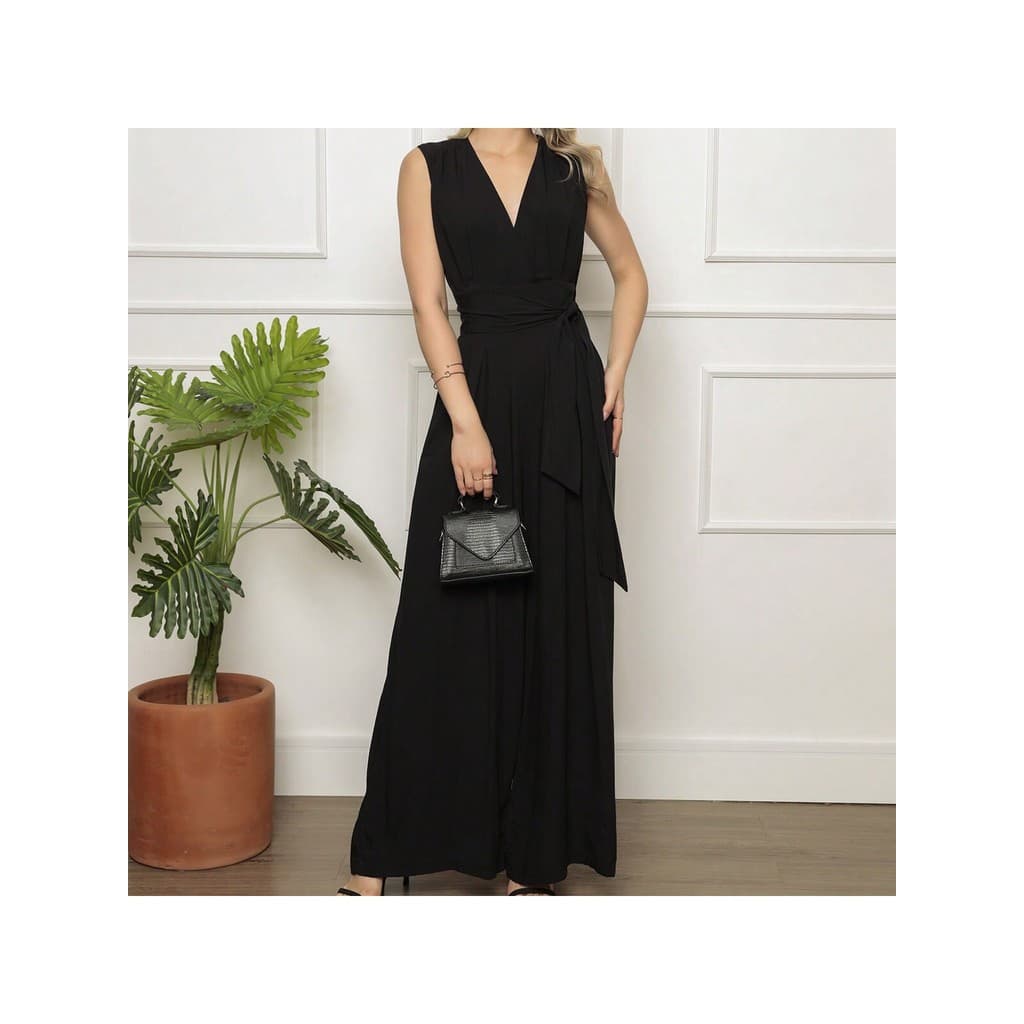 TOP WOMEN macacão longo estampado decote v amarrçao atras elegente moda verao sem manga