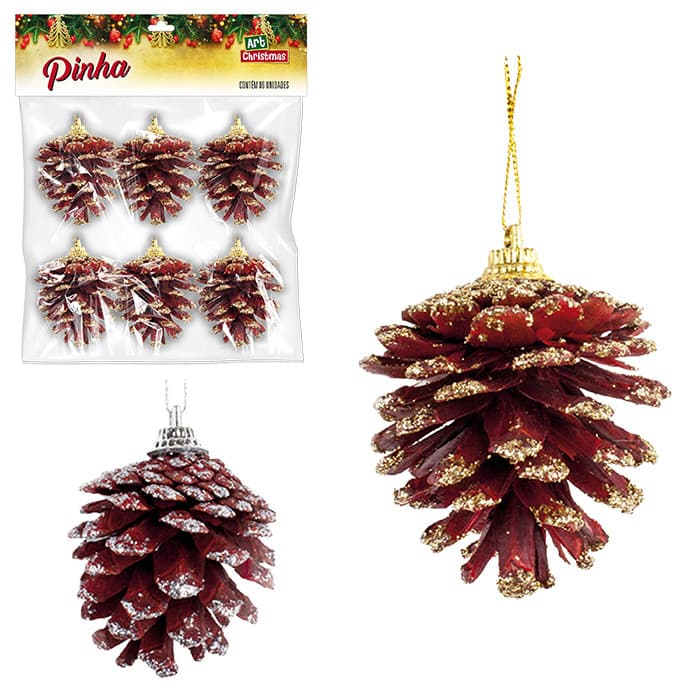 ENFEITE NATAL PINHA NATURAL COM GLITTER 3,5cm - PCT C/6