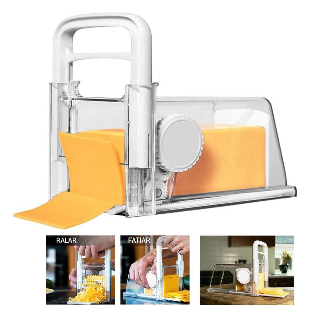 Cortador Ralador Fatiador Queijo Presunto 4 em 1 Lamina Inox Manual Pote Hermetico Armazenamento Geladeira Cozinha
